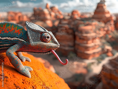 A chameleon cautiously stalking across a vibrant orange rock formation its color shifting skin blending seamlessly with the craggy desert terrain photo