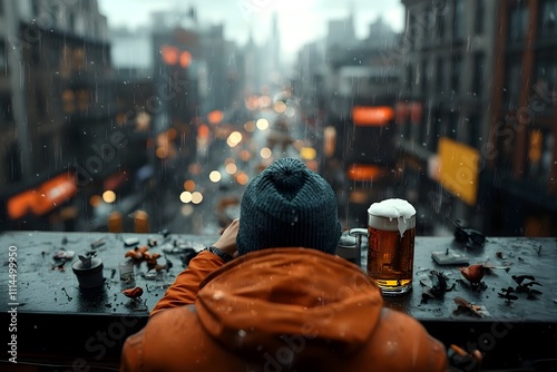 A person relaxing and savoring a refreshing craft beer while observing the lively cyberpunk inspired urban panorama from a moody atmospheric rooftop setting photo