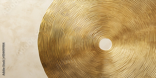 Golden Spiral: Abstract close-up of a golden metallic disc with concentric circles, creating a mesmerizing visual texture.  Perfect for design projects needing a touch of luxury and sophistication.  photo