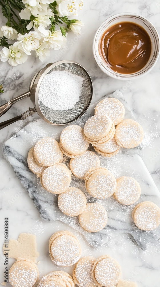 Alfajores cookies arranged on a marble countertop with a small bowl of dulce de leche. Alfajores cookies arranged on a marble countertop with a small bowl of dulce de leche.