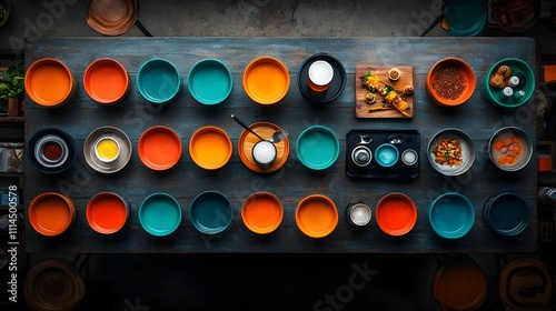 Elevated Panoramic View of a Colorful Intimate Gathering Enjoying an Array of Vibrant Thai Street Food Offerings and Craft Beer in a Warm Neo Impressionist Cafe Setting photo