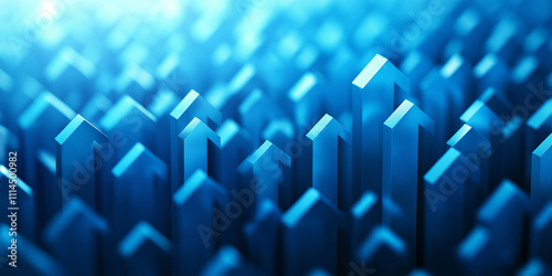 Abstract minimalist background featuring numerous upward-pointing blue 3D arrows, creating a sense of growth and movement