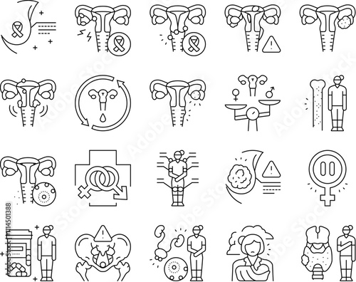 woman health medical care icons set vector. breast cancer, endometriosis, menstrual, osteoporosis, hormonal imbalance, menopause woman health medical care black contour illustrations