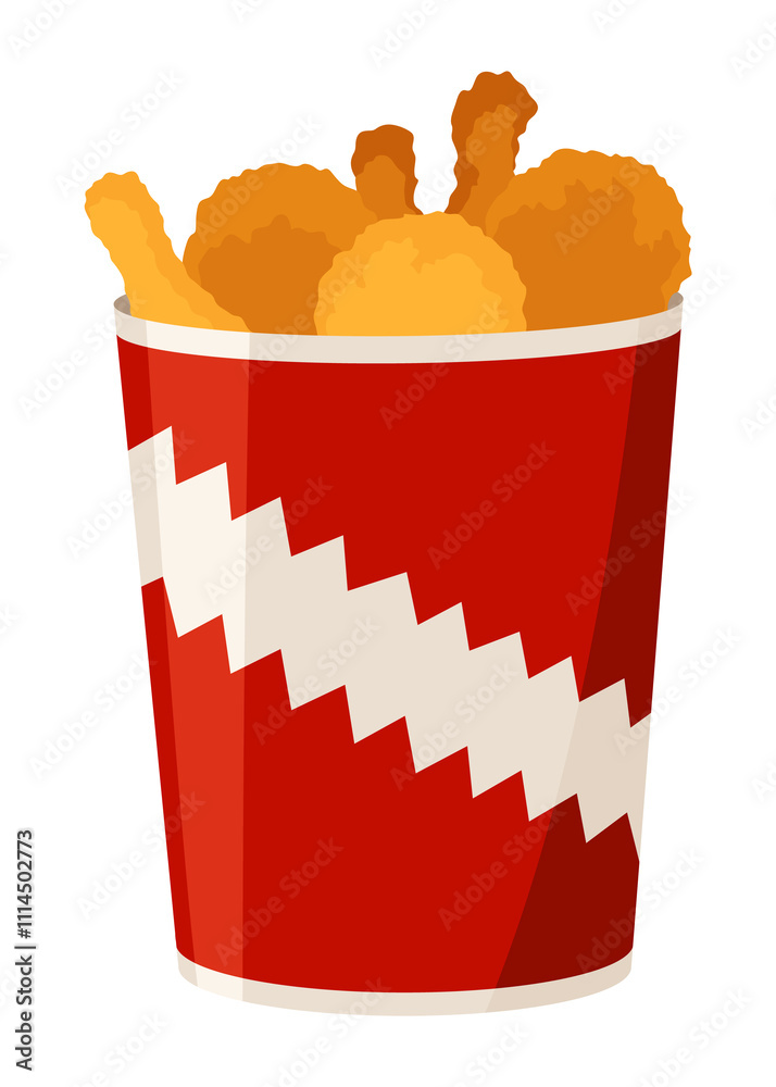 Fried chicken. Crispy fried chicken drumsticks in paper bucket isolated on white background. Beautiful delicious in cartoon style. Fresh fast food fry meat