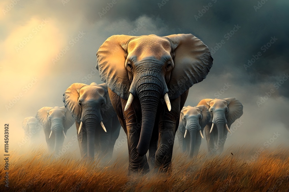 Obraz premium A majestic herd of powerful gentle elephants steadily trekking across a sprawling grassy plain their mighty trunk like legs propelling them forward with grace and determination rendered in a vibrant