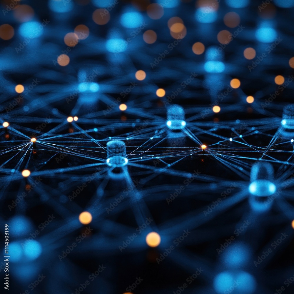 A digital network illustration showcasing interconnected nodes and lines in blue and orange hues. A digital network illustration showcasing interconnected nodes and lines in blue and orange hues.