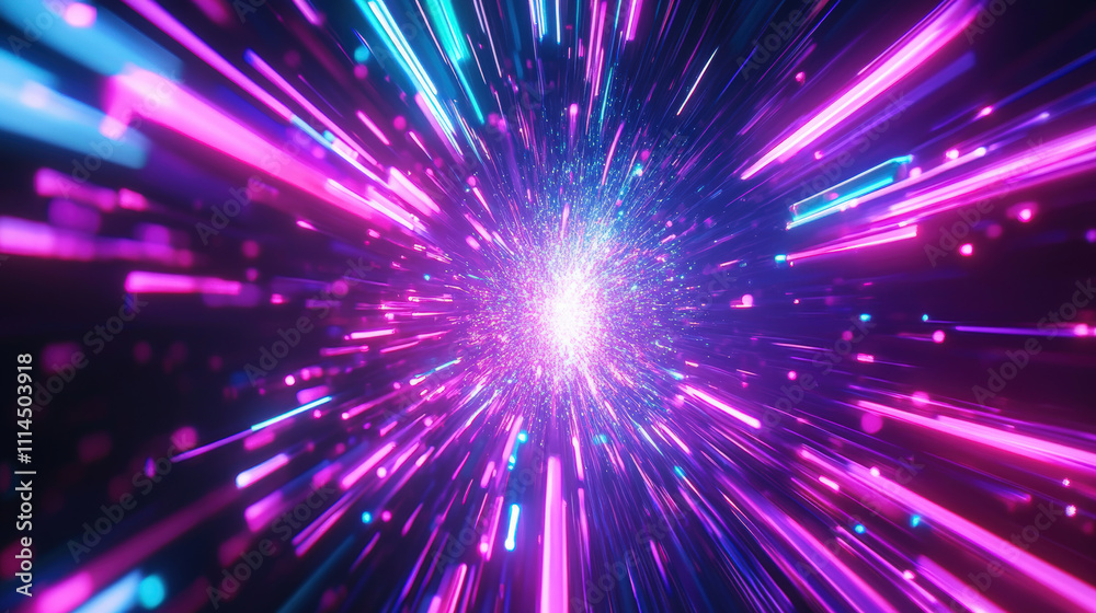 Abstract visualization of lights and colors representing motion in a digital universe with a vibrant burst of energy and speed in pink and blue hues Abstract visualization of lights and colors representing motion in a digital universe with a vibrant burst of energy and speed in pink and blue hues