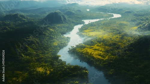 Lush greenery surrounds a winding river in a misty landscape at dawn