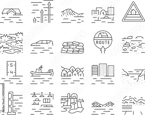 flood water disaster rain icons set vector. river storm, surge inundation, overflow deluge, emergency evacuation, rescue, damage flood water disaster rain black contour illustrations