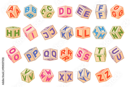 Kids cubes with letters. Babies toys or color font. Learning alphabet. 3D ABC block. Children education. Rotate visual aid. Typography typeset. View angles. Vector alphabetical icons set