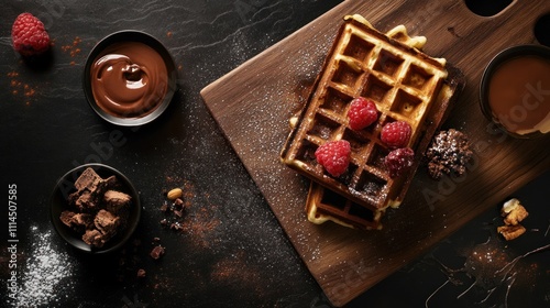 Delicious Waffles with Raspberries and Chocolate photo