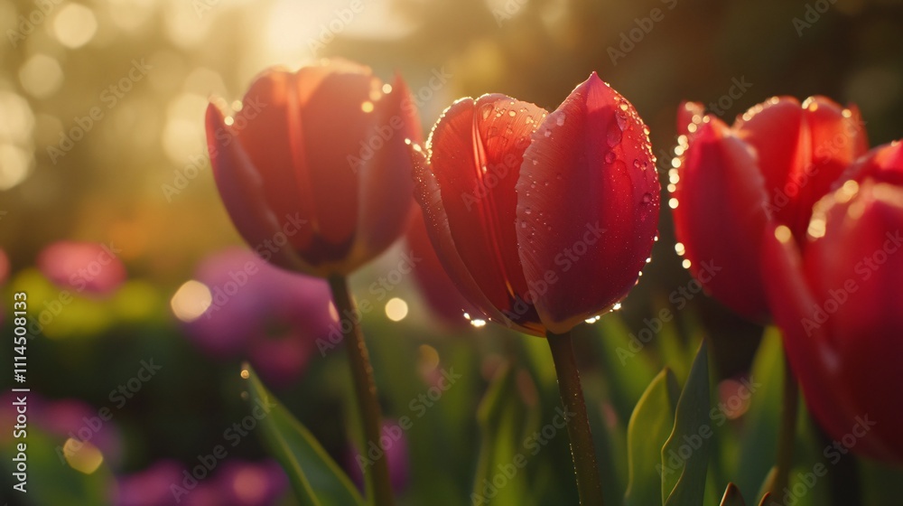 Fototapeta premium Red Tulips Blooming in Sunlight with Dew Drops