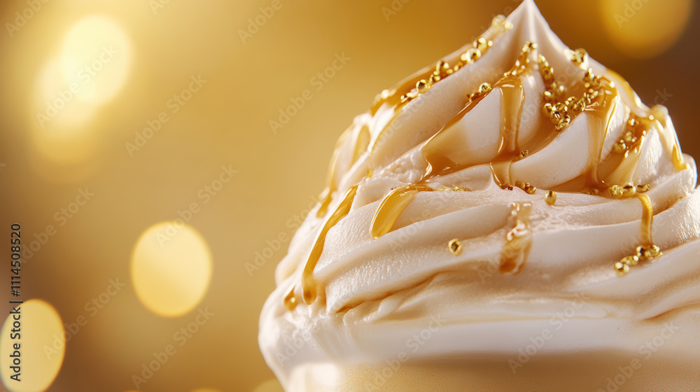 Creamy dessert topped with luxurious golden syrup and delicate sprinkles set against a dreamy golden bokeh background, perfect for culinary themes Creamy dessert topped with luxurious golden syrup and delicate sprinkles set against a dreamy golden bokeh background, perfect for culinary themes