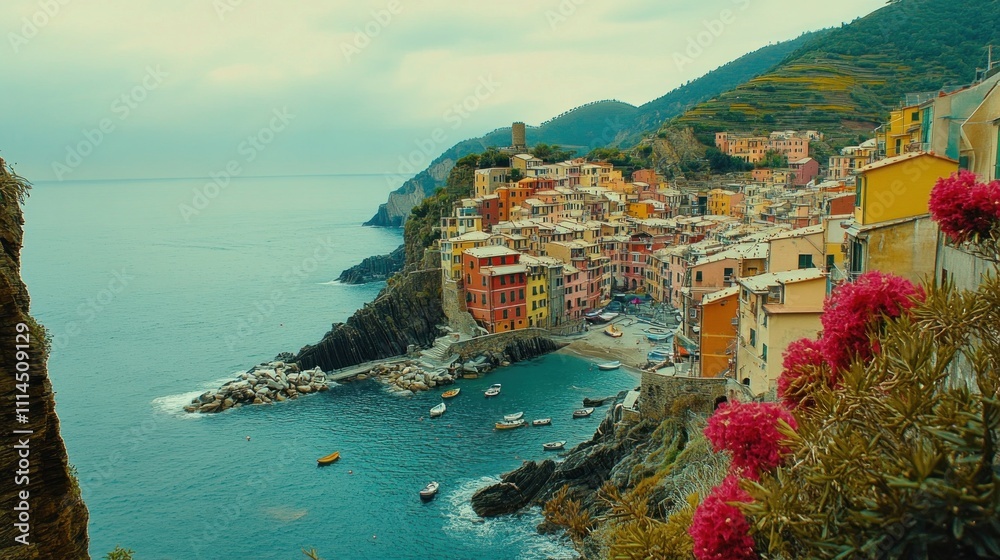 Naklejka premium Colorful Italian Village Perched on a Cliffside