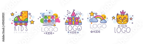Kids Logo and Colorful Signs for Playing Space Vector Set