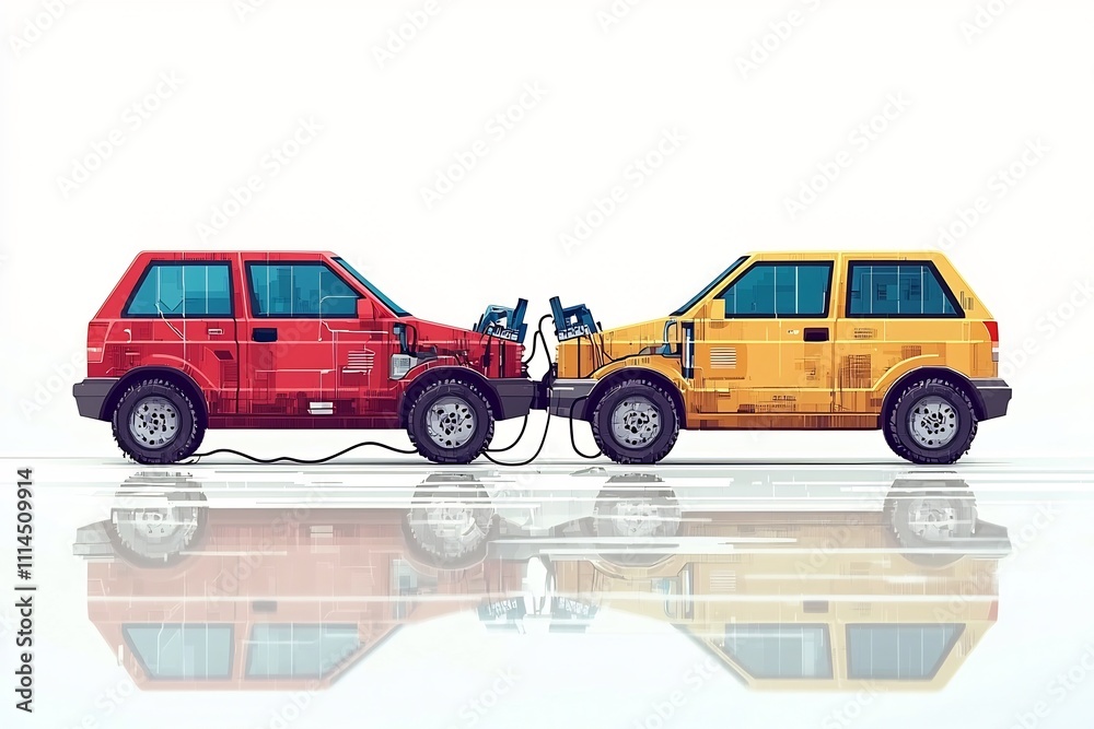 Naklejka premium Flat Design of Two Cars Showing Battery Jump-Start Process with Dead and Live Battery Labeled as Instructional Graphic