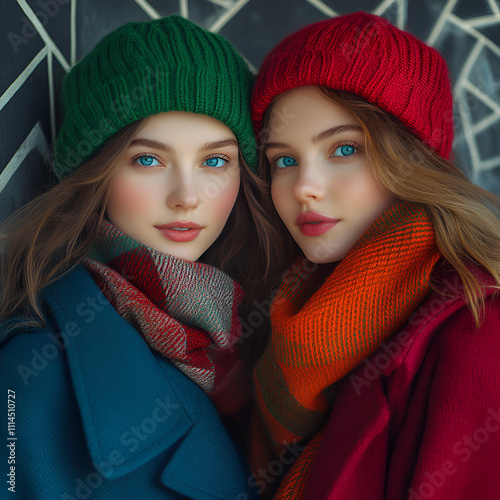 two creative women, with big blue eyes, flowing hair, a smile on their face, dressed in fashionable, stylish cashmere coats of red and green, felt hats and bright scarves on their heads, on a gray ba