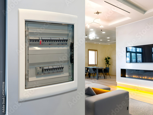 Cuadro eléctrico en primer plano con salon de una casa  de fondo