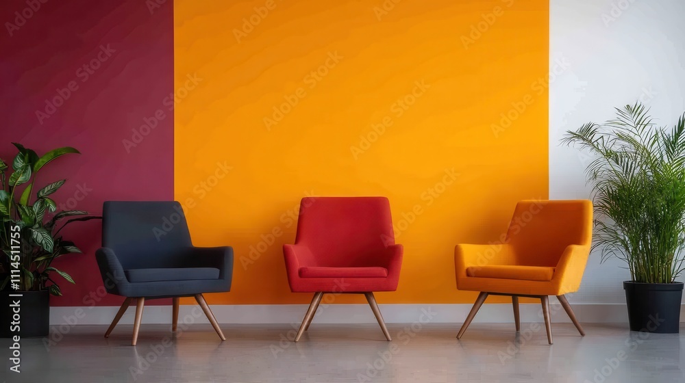 Obraz premium Contemporary Living Room with Colorful Chairs Against Vibrant Walls Featuring Warm Tones of Yellow, Red, and Burgundy with Potted Plants for a Cozy Atmosphere