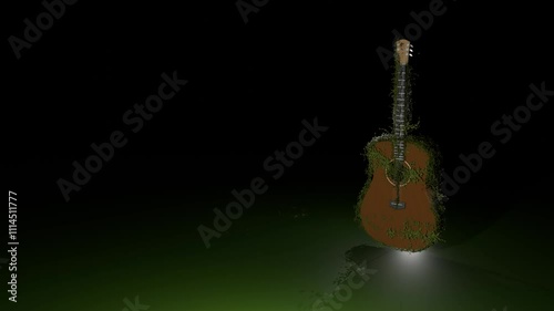 Ivy grows up and arund an acoustic guitar. 3d render.