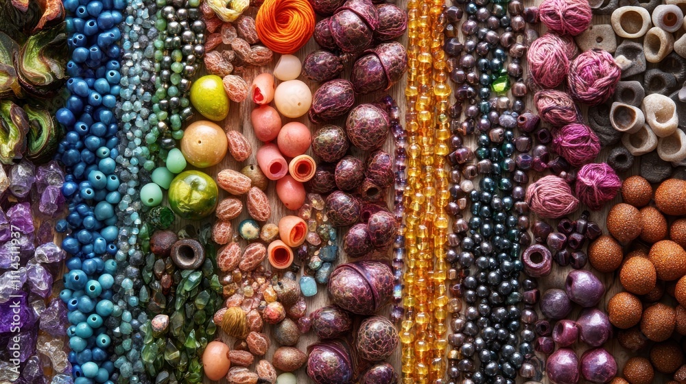 Colorful beads and jewelry making supplies arranged in rows. Colorful beads and jewelry making supplies arranged in rows.