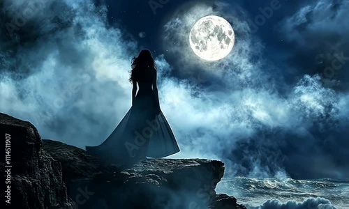 Mysterious Silhouette of Woman Against Dramatic Full Moon and Clouds