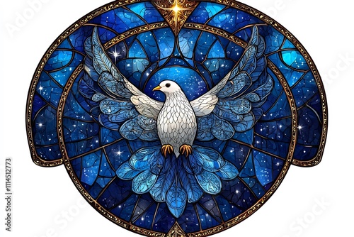 Intricate Stained Glass Dove Window with Vibrant Blue and Golden Patterns,Symbol of Peace and Spirituality photo