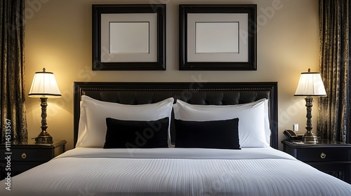 Wallpaper Mural A luxury hotel room with a pair of black-and-white frames hanging above a king-size bed, paired with nightstands and soft ambient lighting. Torontodigital.ca
