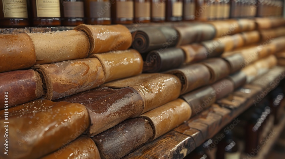 Fototapeta premium Stacked Leather Rolls Tan Brown Craftsmanship Texture