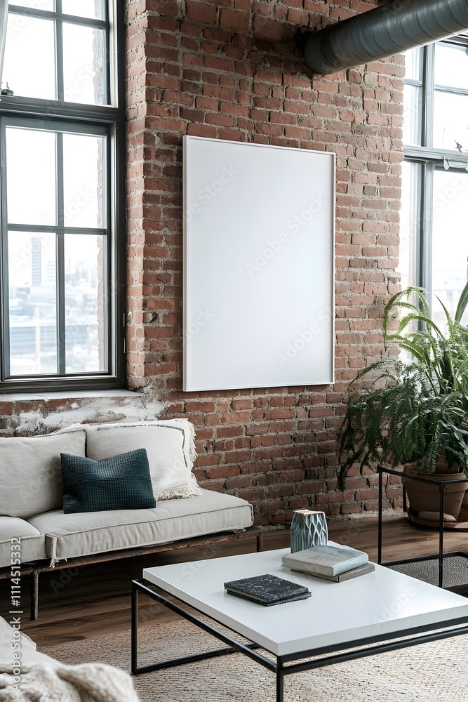 Fototapeta premium A loft-style living room with exposed brick walls, industrial furniture, and a large area rug in bold patterns.
