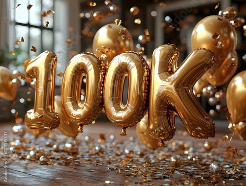 Celebrate 100K followers with 100K Gold Foil Balloons. Feel the great accomplishment and celebration. Perfect for social media promotion or to inspire special occasions for businesses and brands. photo