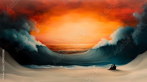 Peaceful sunset seascape with a solitary person sitting on the sandy beach sipping a bottle of beer as vibrant ocean waves crash in the background under a warm impressionist style sky