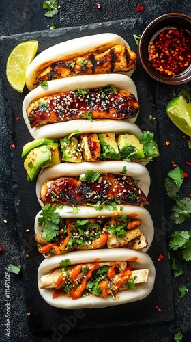 Bao buns with grilled chicken, avocado, and sesame seeds.