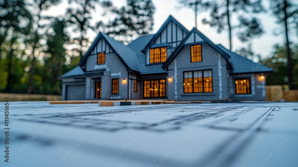 Modern house with blueprints in foreground. Modern house with blueprints in foreground.