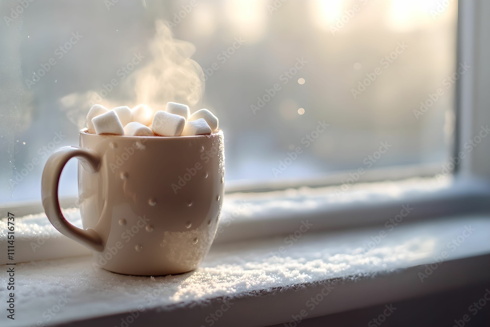 Cozy Cup of Hot Cocoa on Frosty Windowsill, mug, marshmallows, winter, warm Cozy Cup of Hot Cocoa on Frosty Windowsill, mug, marshmallows, winter, warm