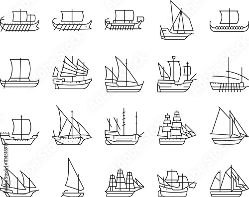 ancient ship maritime vessel icons set vector. navigation exploration, trade archaeology, discovery seafaring, shipwreck galleon ancient ship maritime vessel black contour illustrations