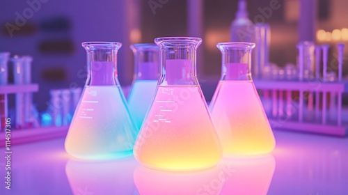 Colorful glassware sits in a modern laboratory, glowing with vibrant liquid mixtures in hues of pink, blue, and purple, creating a captivating scientific atmosphere.