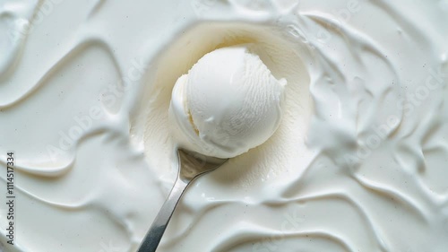 Scoop of creamy vanilla bean ice cream with visible specks and smooth texture
