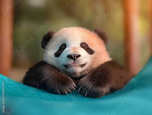 Adorable panda bear with soft fluffy fur lounging in a relaxed serene pose on a bright teal mat in a cozy indoor studio setting showcasing a traditional Chinese art influence and vibrant photo