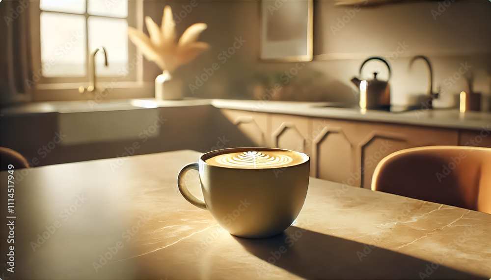 Morning Coffee Vibes: Minimalistic Coffee Cup with Frothy Latte Art on Warm-Toned Marble Table—Soft Shadows and Ambient Light