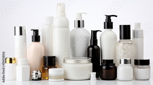 A collection of various cosmetic and skincare products in different containers.