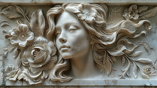 Elegant Bas Relief Sculpture Woman Flowers Stone Carving Art Deco