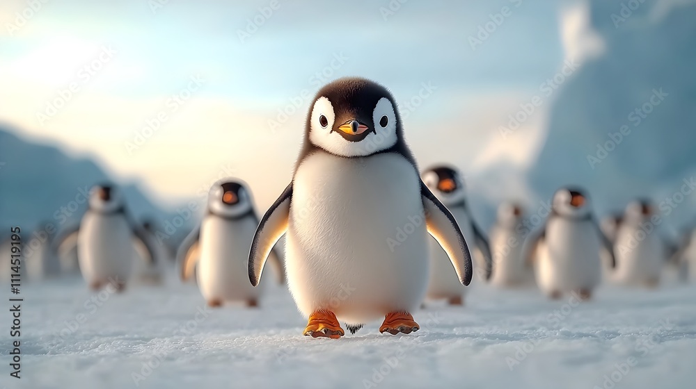Obraz premium A captivating colony of curious fluffy black and white penguins gracefully navigating a pristine snow white icy expanse in a Antarctic landscape with an impressionist romantic aesthetic