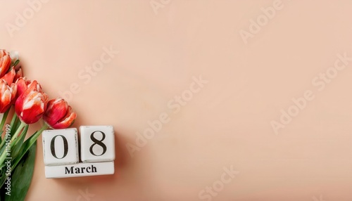 Rustic Charm for Women's Day. Coral Tulips and Wooden Date Blocks. Aesthetic Decoration and Gift Card Design Idea for March 8 Celebrations photo