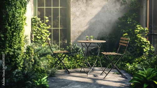 Sunlit patio with bistro set surrounded by lush greenery.