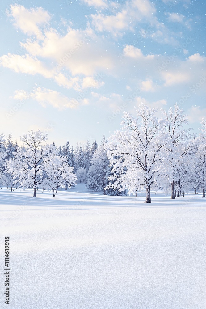 Fototapeta premium Serene Winter Landscape with Snow-Covered Trees Under a Clear Blue Sky