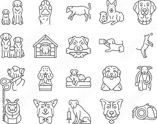 dog breeding genetics pedigree icons set vector. temperament health, nutrition training, socialization whelping, kennel lineage dog breeding genetics pedigree black contour illustrations photo