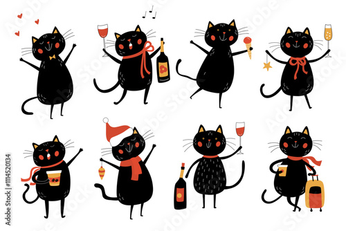 Set with festive and funny black cats with playful poses with wine glasses and holiday decor. Hand drawn doodle illustrations with black outline great for coloring and creating greeting cards