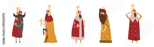 Funny Bearded King Character Emperor in Golden Crown Vector Set