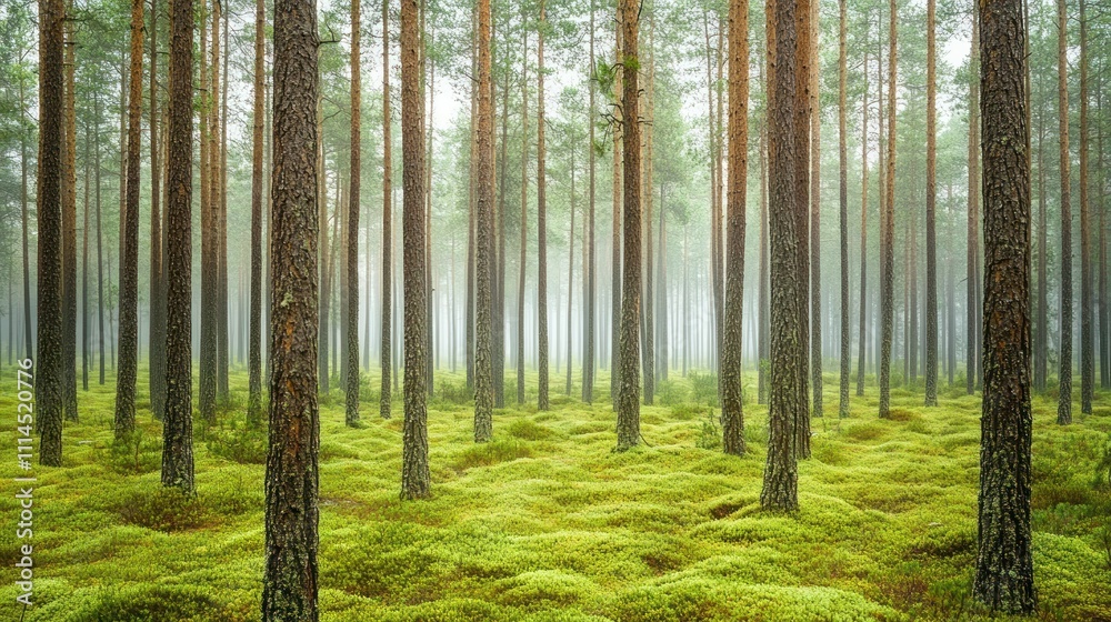Fototapeta premium A misty pine forest where the entire ground is covered with a thick layer of green moss, background wallpaper AI generated image
